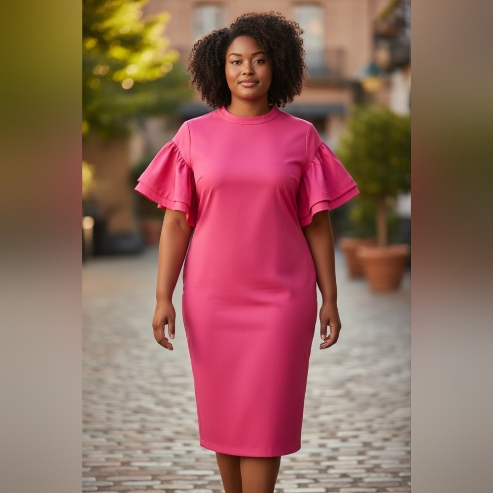 Eien Bright Pink Dramatic Ruffle Sleeve Bodycon Midi Dress Women's Plus Size 3x